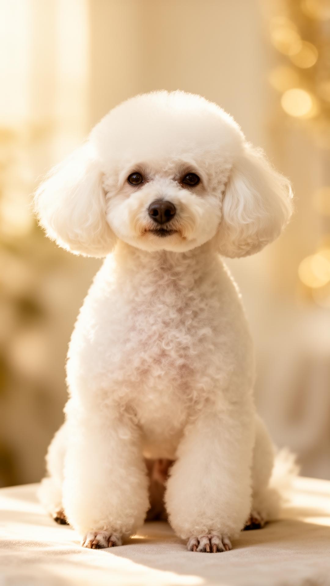 Freshly groomed white poodle in warm light
